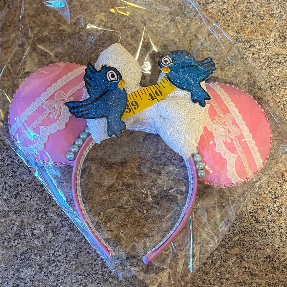 Custom Cinderella Pink Lace Mouse Ears Headband with Blue Bird Accents